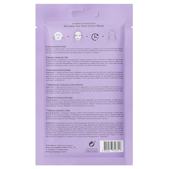 Leaders Insolution Wrinkle Tox Skin Clinic Mask | Adenosine-Infused Anti-Aging Facial Sheet for Fine Lines, Wrinkles, and Firmness | Premium Grade Cotton, Collagen Boosting (5 Sheets)