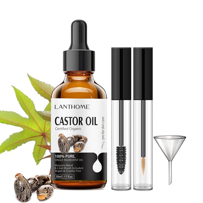 Lanthome Organic Castor Oil Cold Pressed Certified (1.7 Floz with Eyelash Kit), Black Castor Oil for Eyelashes, Eyebrows & Skin Moisturizer, Hair Growth Hexane Free