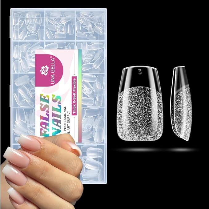 UNA GELLA Gel Nail Tips Coffin Short: 330PCS Pre-Etched Clear Coffin Acrylic Nail Tips Stronger for Press On Nails Salon, 15 Sizes Nail Extensions