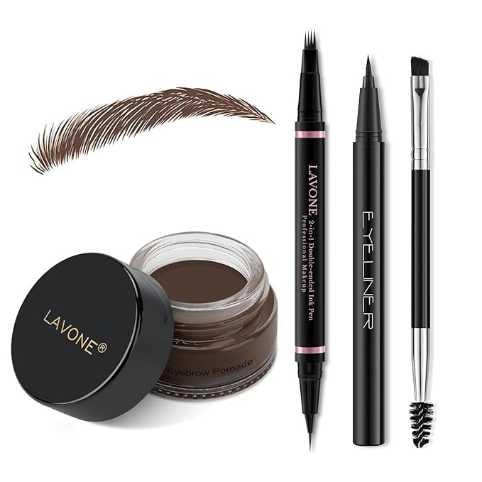 Eyebrow Pencil Makeup Kit, with Waterproof 2-IN-1 Microblading Eyebrow Pen, Eyebrow Pomade, Eyeliner and Dual-ended Eyebrow Brush, Brow Pencil Kit for Natural Eyebrows - Dark Brunette