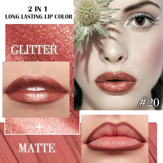 Kaely 2-in-1 Copper Metallic Lipstick and Lip Liner Makeup, Shimmer Liquid Metallic Lipsticks for Women, Glitter Lip Gloss Stain Long Lasting Waterproof Smudge Proof 24 Hour, Vegan & Cruelty-Free, 20