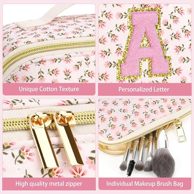 Personalized Travel Makeup Bag Set,Initial Travel Cute Floral Makeup Organizer Bag,Toiletry Skincare Cosmetic Bag,Christmas Gifts for Women/Girls,Open Flat Toiletry Pouch with Brush Pocket-T