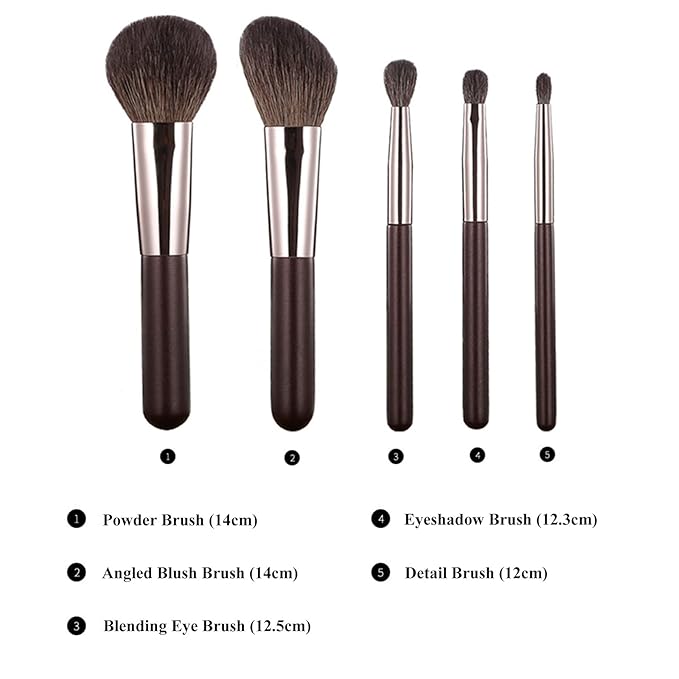 Travel Makeup Brushes Set w/Pouch, Portable 5PCS Professional Mini Cosmetic Brushes Kit for Powder Blush Concealers Contouring Highlighting