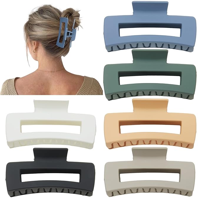 4 Inch Big Hair Claw Clips 6 Pcs Large Claw for Thick Hair Square Hair Clips for Women Rectangle Hair Clips Nonslip Acrylic Banana Jaw Clips Hair Accessories for Girls (Neutral)