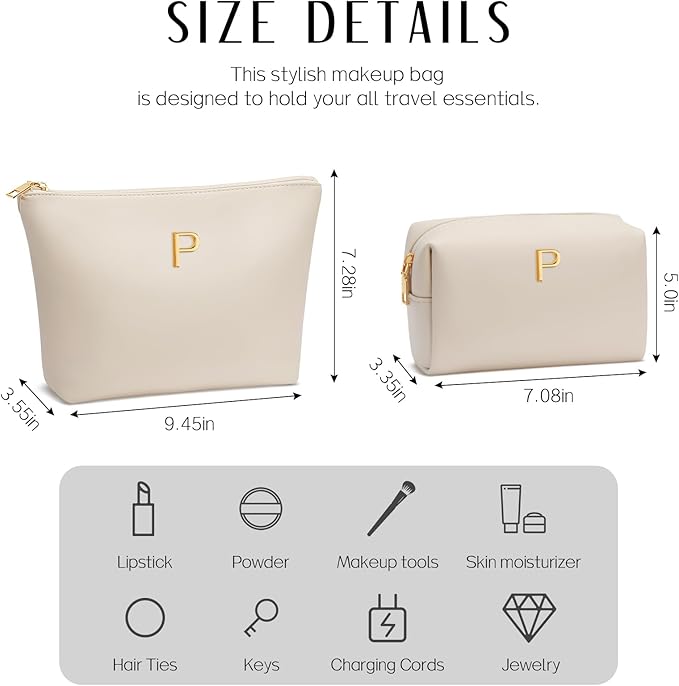 Women Gifts | Initial Makeup Bag Set for Girl Personalized Gifts for Bridesmaid Friend Graduation Teachers PU Leather Cosmetic Travel Toiletry Bag(Beige,P)
