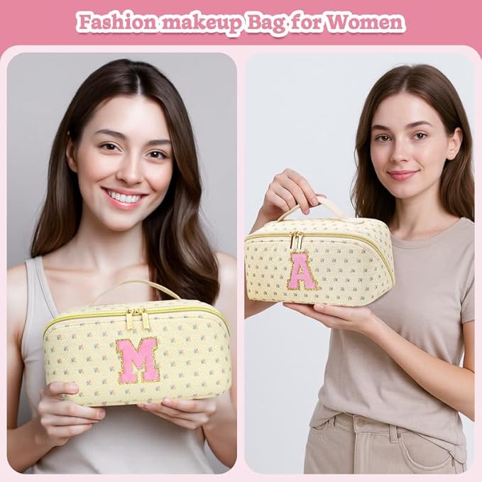 Personalized Travel Makeup Bag Set,Initial Travel Cute Floral Makeup Organizer Bag,Toiletry Skincare Cosmetic Bag,Christmas Gifts for Women/Girls,Open Flat Toiletry Pouch with Brush Pocket-W