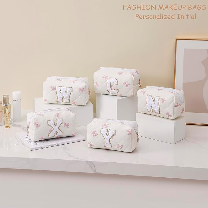 Gleyemor Personalized Initial Makeup Bag for Women, Cute Quilted Pink Floral Cotton Cosmetic Bag, Christmas Gifts for Her Mom Friend Sister Bridesmaid Teacher Women F