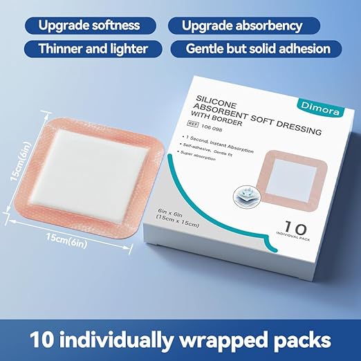 Dimora Silicone Super Absorbent Wound Dressings - Gentle Adhesive Bandages with Ultrasorb Polymer,Heavy Exudate Wound Care Pads 6"X 6" 10 Packs