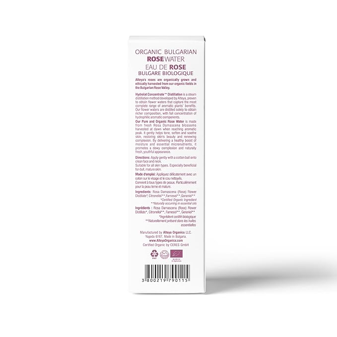 Alteya Organics Rose Water USDA Certified Organic Facial Toner, 8.5 Fl Oz/250mL Pure Bulgarian Rosa Damascena Flower Water, Award-Winning Moisturizer BPA-Free Bottle with Reducer