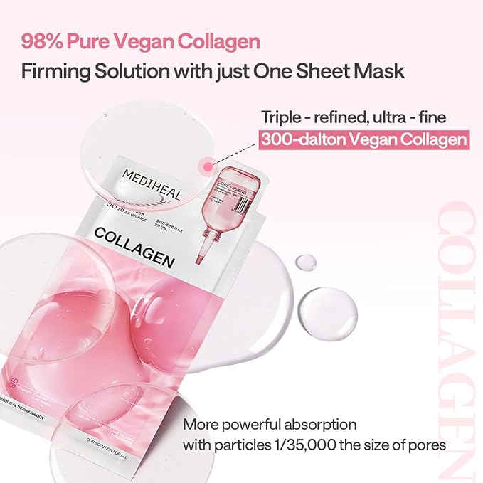 Mediheal Collagen Essential Sheet Mask Core Firming 10 pcs. 98% Vegan Collagen for firming, elasticity, and skin density improvement. Vegan formula