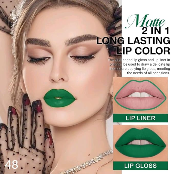 evpct 1Pcs Forest Green Matte Lip Liner & Liquid Lipstick Stain Makeup Set for Women, Green Lip Liner Stain Long Lasting Waterproof Smudge Proof, Cruelty Free Lip Stick Makeup 24 hours originales, 48