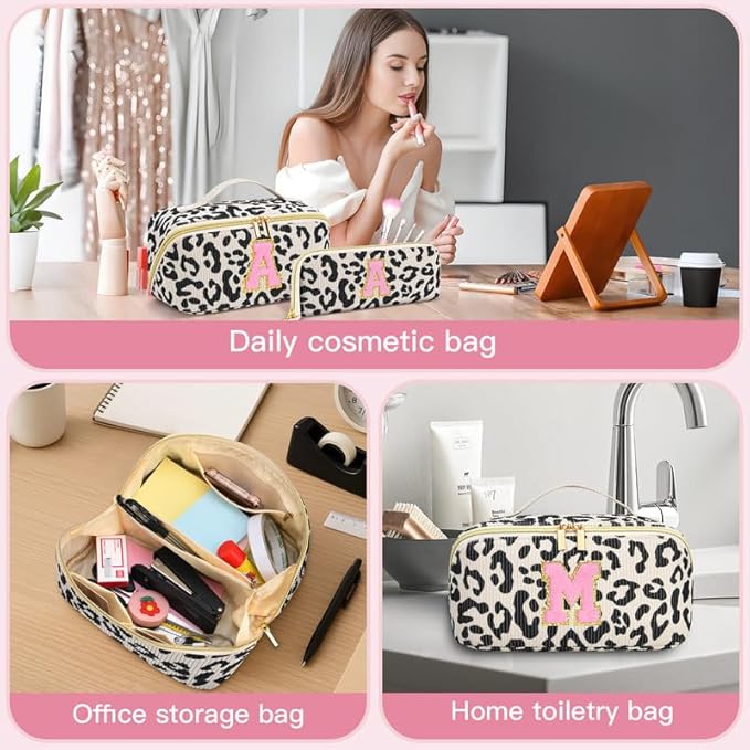Personalized Travel Makeup Bag Set,Initial Travel Cute Leopard Makeup Organizer Bag,Toiletry Skincare Cosmetic Bag,Christmas Gifts for Women/Girls,Open Flat Toiletry Pouch with Brush Pocket-E