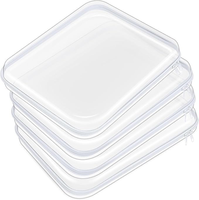 Hoolerry 4 Pcs Hard Clear Zipper Case Makeup Bags Plastic Pencil Pouch Transparent Storage Box Containers for Cosmetics, Snacks, Building Blocks, Puzzles(White,13.8 x 11.8 x 2 in)