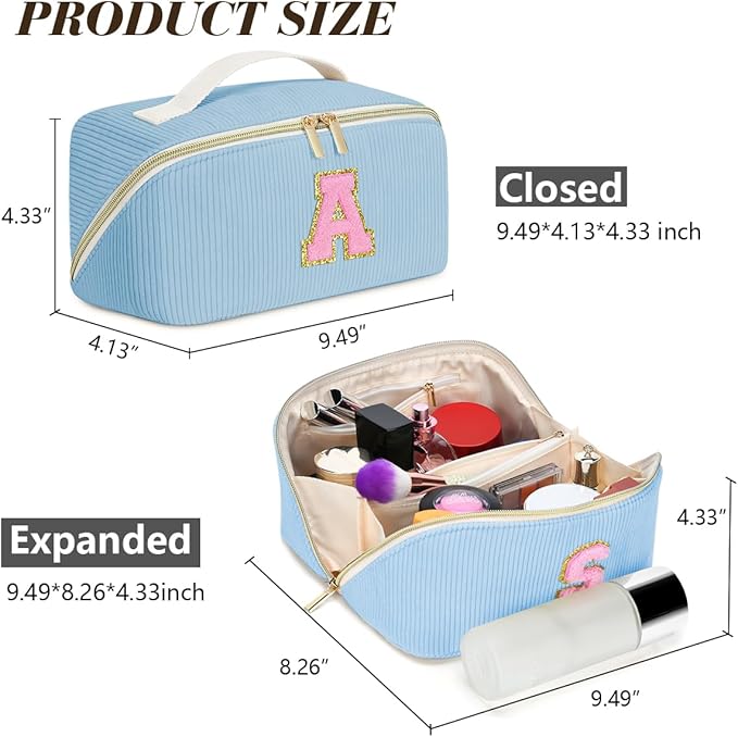 Personalized Initial Makeup Bag,Christmas Gifts for Girl,Preppy Bag Cosmetic Travel Bag Women,Travel Toiletry Organizer,Large Capacity Corduroy Stuff Bag,Cute Cosmetic Pouch Skincare Bag-U