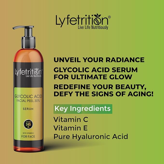 Lyfetrition Glycolic Acid/AHA 30% Renewal Serum, infused with Vitamins C & E for Skin Brightening, Exfoliating Serum Works for Dark Spots, Acne, and Reduces Fine Lines & Wrinkles - (12 Fl Oz)