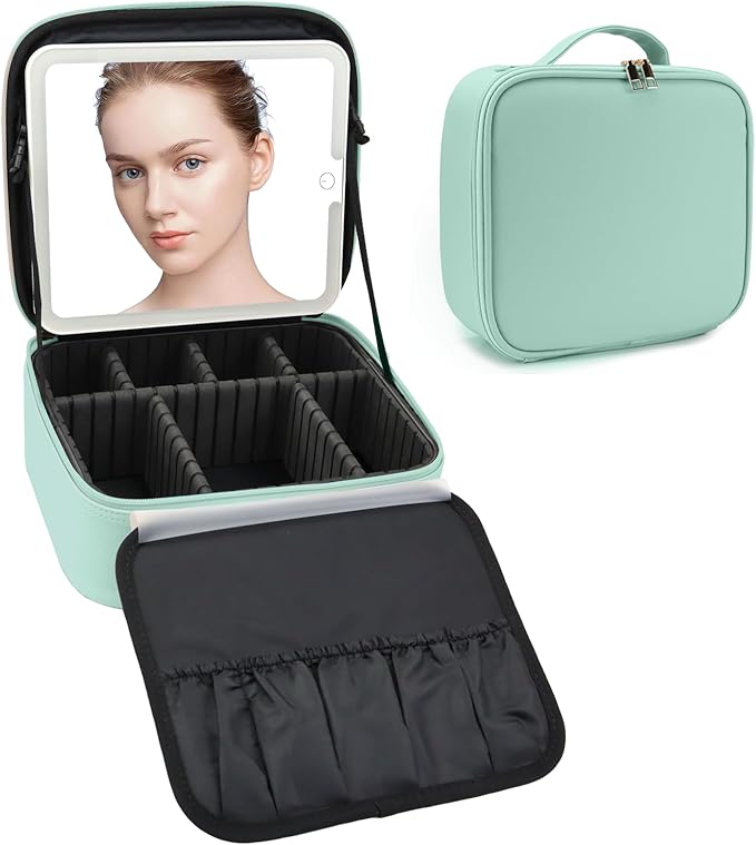 Travel Makeup Bag with LED Mirror Travel Makeup Organizer with 3 Lighted Settings, Adjustable Dividers and Makeup Brush Storage Bag Light Green