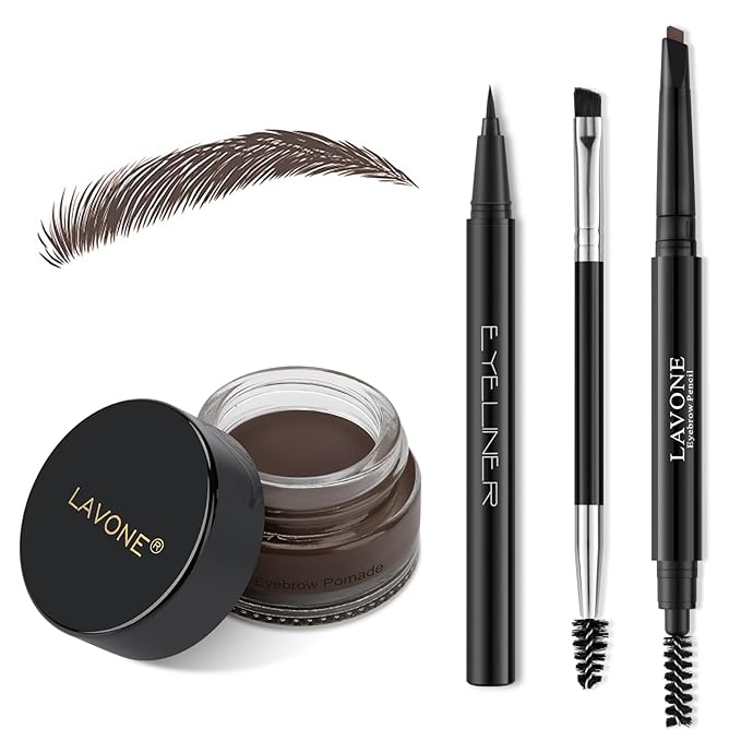 LAVONE Eyebrow Stamp Pencil Kit - Makeup Brow Stamp Trio with Waterproof Eyebrow Pencil, Eyeliner, Pomade, Dual-ended Brush - Dark Coffee