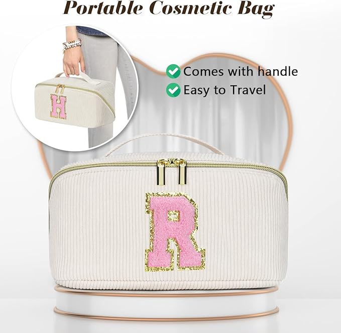 Personalized Initial Makeup Bag,Christmas Gifts for Girl,Preppy Bag Cosmetic Travel Bag Women,Travel Toiletry Organizer,Large Capacity Corduroy Stuff Bag,Cute Cosmetic Pouch Skincare Bag-A