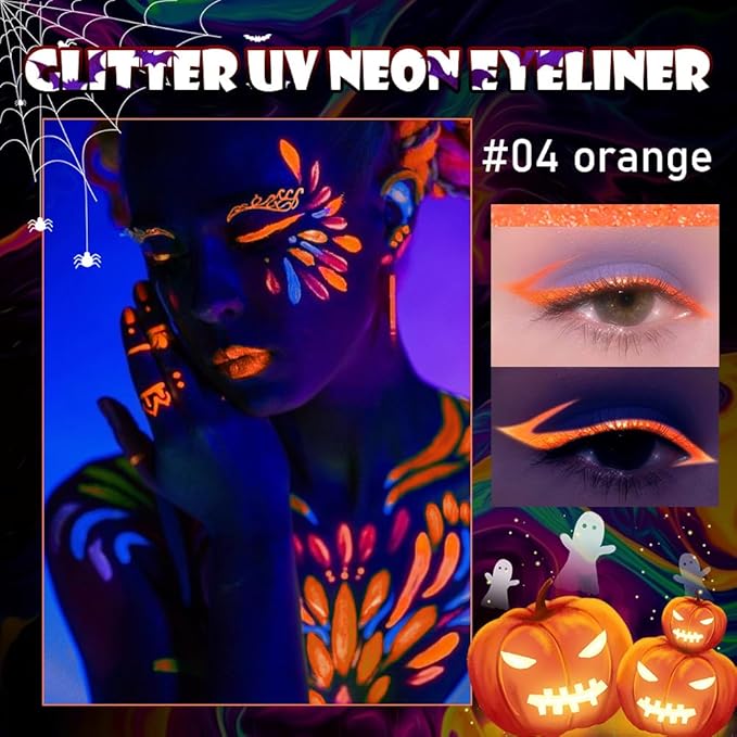 evpct Orange Shimmer Eyeliner UV Neon Gel Eyeliner Pencil Makeup, Rainbow Halloween Colored Colorful Gel Eye Liner Pen Glow in Dark Makeup, Long Lasting Waterproof Eyeliners for Face Body Painting