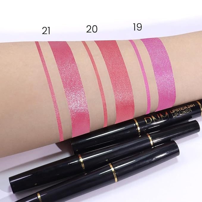 BINGBRUSH 3Pcs Double Ended Vivid Fuchsia Natural Pink Rose Metallic Lip Liner and Lipstick Makeup Combo Set for Women, Lipliner 24 Hours Original Waterproof Long Lasting Lip Stains Pencil Kit Set