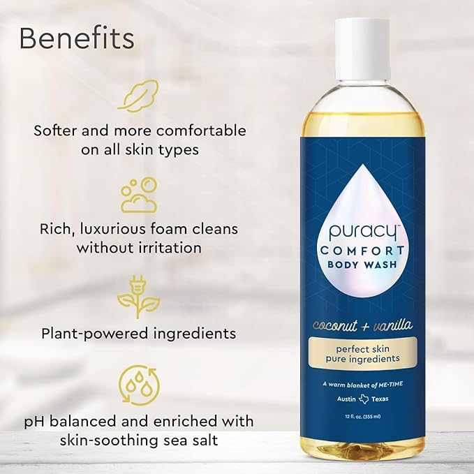 Puracy Body Wash, Natural Body Wash, 98.6% Pure Plant Ingredients, Moisturizing Shower Gel for Women Men Kids, Body Soap for Dry Sensitive Skin. Gently Scented with Coconut & Vanilla 12 Oz