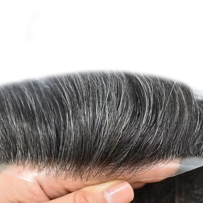 FACE MIRACLE Toupee for Men French Lace Hairpiece Human Hair Replacement System Skin PU Mens Toupee V-Looped Front Hair Piece 6"X8" #1B40 1B# OFF BLACK WITH 40% SYNTHETIC GREY-80% Light Density