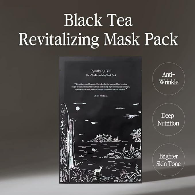 Pyunkang Yul PKY Black Tea Revitalizing Mask Pack with Low Molecule Collagen, Shea Butter, Skin Revival, Elasticity Care, Deep Moisturizing, Korean Face Skin Care Facial Mask Sheet 25ml x 10ea