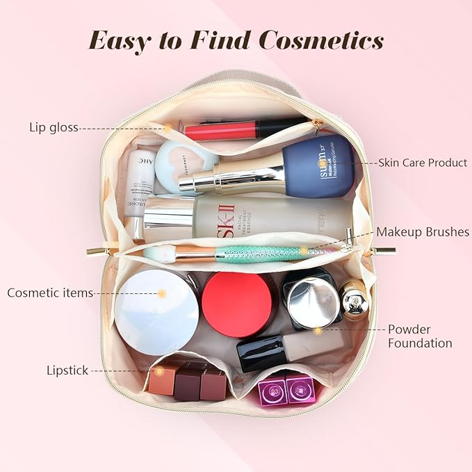 for Christmas Day Gifts, Makeup Bag for Women, PU Leather Travel Toiletry Bags, Initial Make Up Cosmetic Pouch for Teen Girls, Wide Open Portable Skincare Bag, Personalized Birthday Gifts, White D