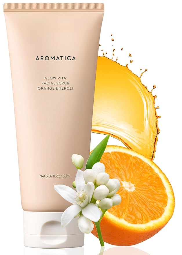 AROMATICA Glow Vita Facial Scrub Orange & Neroli – Vitamin C Gentle exfoliating face wash for sensitive skin - Gently Scrub and Cleans Blackheads, Whiteheads, Pore Dirt for a Fresh Glow (5.07 Fl Oz)