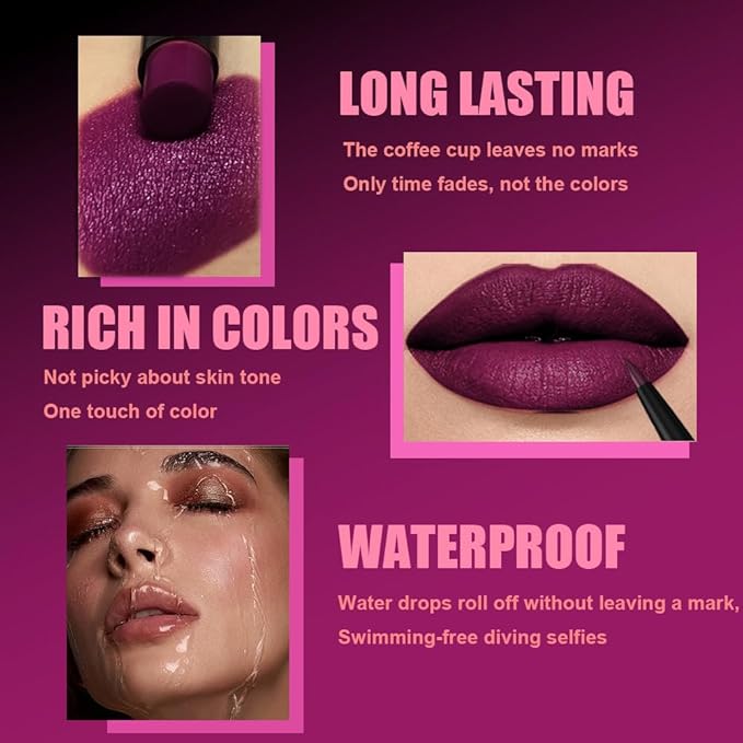 2Pcs 2 in 1 Matte Dark Purple Lip Liner and Lipstick Combo Set for Women,Lipstick Stain Lip Liner for Daily & Party Long Lasting Waterproof Smudge Proof 24 Hour Full Coverage Vegan Lip Makeup Kit