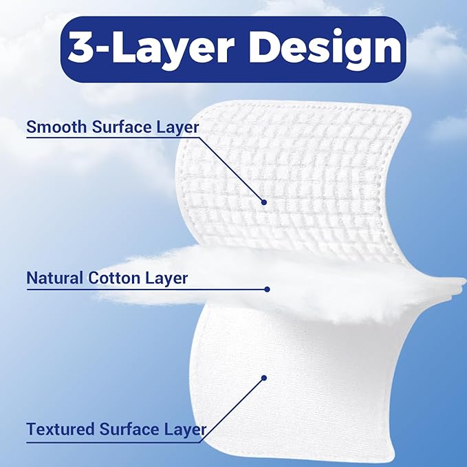 Premium Natural Pure Cotton Pads,Soft & Lint-Free Upgraded Edge Stitching Design Cotton Rounds for Face,Unique Three-Layer Structure, Ultra-Absorbent Makeup Remover Pads,for All Skin Types (100 Count)