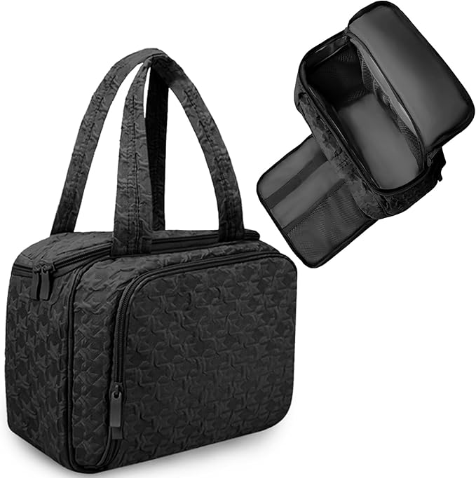 SUNRISING Travel Toiletry Bag Makeup Bag for Women, Large Water-Resistant Travel Cosmetic Make Up Bag with Handle，Travel Toiletry Bags for Compartments Accessories Essentials-Black