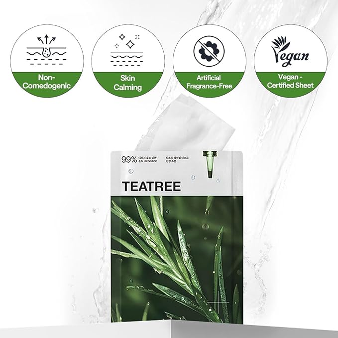 Mediheal Teatree Essential Sheet Mask Calming Moisture 10 pcs. 99% Pure Teatree & Teatree 7X for intensive soothing and hydration. Suitable for acne-prone skin. Vegan formula