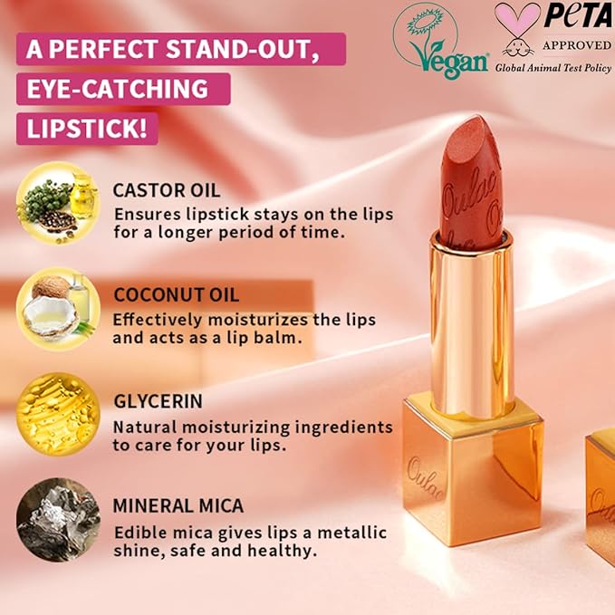Oulac Metallic Light Pink & Sheer Lipstick Set - 2PCS Vegan Lightweight Hydrating Formula with High Impact Lip Color for Full Coverage Lip Makeup, Christmas Gifts for Women, 13+27