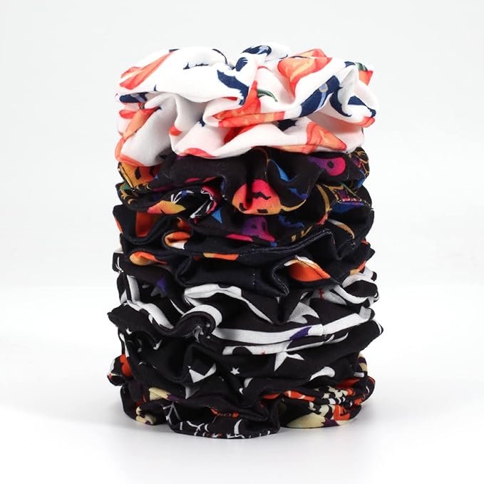 12PCS Halloween Hair ScrunchiesPumpkin Skull Ghosts Bat Star Moon Witch Hat Candy Candle Spider Web Hair Ties Elastics Scrunchy Gifts Ponytail Holder Accessories for Women Girls