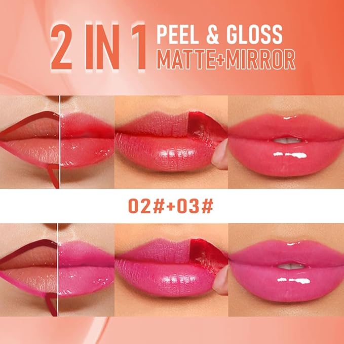 2Pcs Peel Off Lip Gloss Tattoo and Lip Oil 2-in-1, Lip Stain Peel Off Masque - Peel Off Lip Tint ,Long Lasting Waterproof Transfer-proof Lip Mask Lip Gloss Peel Off Lip Liner,Stay Lip Makeup 02#+03#