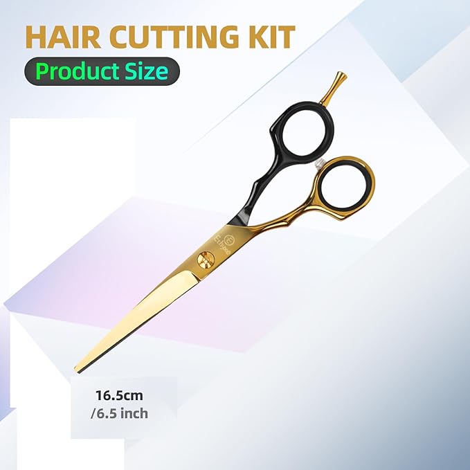 6.5” Professional Hair Cutting Scissors – Japanese Stainless Steel Salon Scissors, Premium Barber Shears for Hair Cutting, Home Use for Man Woman Adults Kids Babies (Black & Gold)