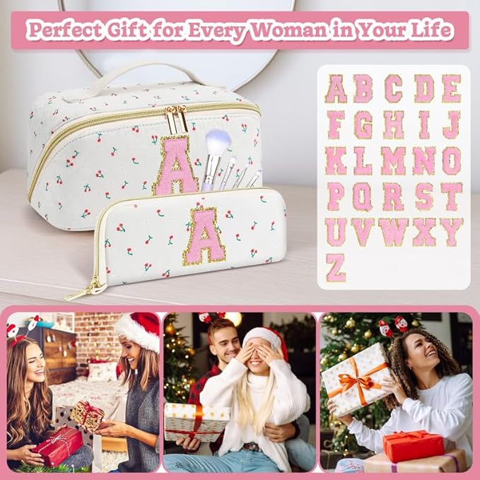 Personalized Travel Makeup Bag Set,Initial Travel Cute Cherry Makeup Organizer Bag,Toiletry Skincare Cosmetic Bag,Christmas Gifts for Women/Girls,Open Flat Toiletry Pouch with Brush Pocket-T