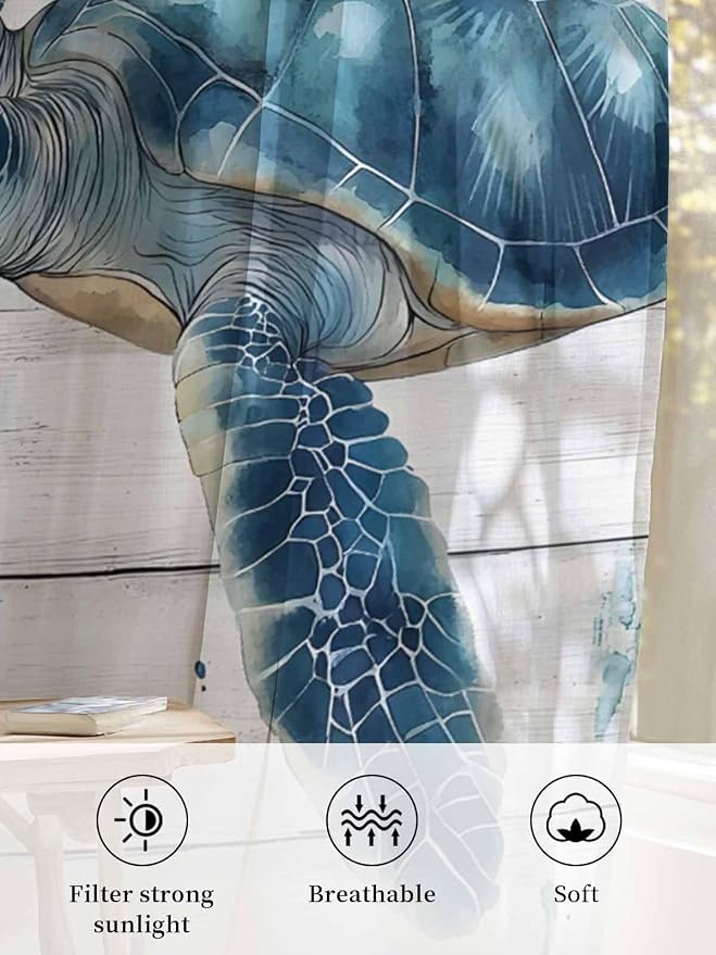 Sheer Curtains 45 Inch Length, Teal Green Ocean Turtle Semi Sheer Curtains - Image 6