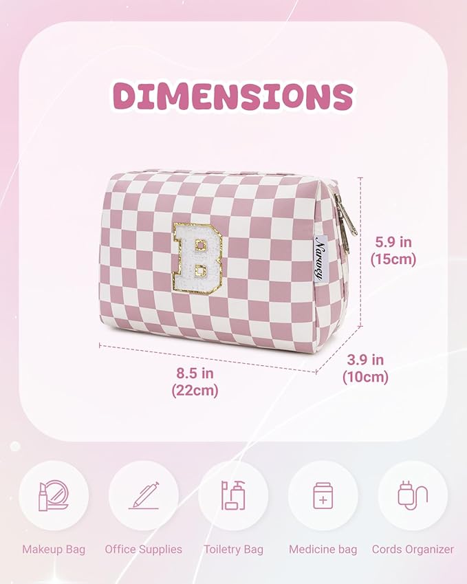 Narwey Birthday Gifts for Teen Girls Kids Women Personalized Initial Checkered Makeup Bag Pink Monogram Cosmetic Bag Trendy Stuff 6 8 10 11 12 13 14 16 18 Years Old Travel Toiletry Bag (Dusty Rose B)