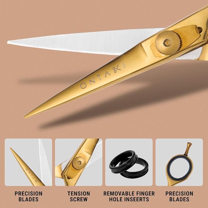 Ontaki Japanese Steel Beard & Hair Trimming Scissors - Precision Convex Blades Hair Cutting Scissors - Adjustable Tension Knob Barber Shears - Rubber Ring Grip & Mustache Comb - Gold Brass, 5.5 in