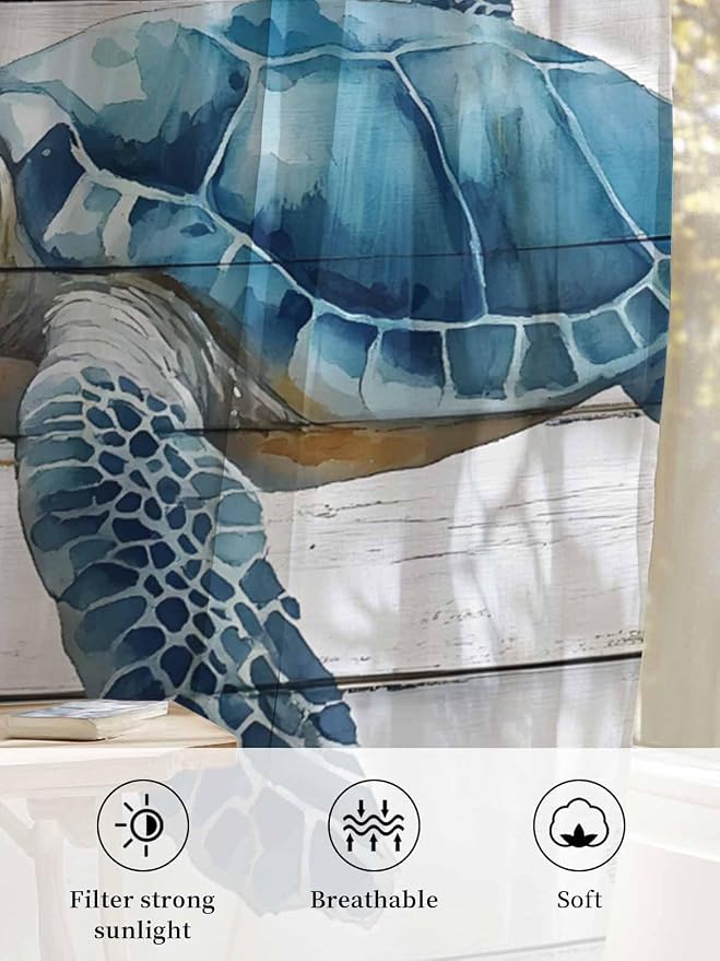 Sheer Curtains 54 Inch Length, Sea Turtle Blue Semi Sheer Curtains Light - Image 6