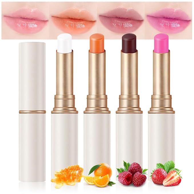 evpct 4Pcs Magic Color Changing Lipstick Long Lasting Waterproof 24 Hours Original for Women, Honey Orange Raspberry Strawberry Pink PH Mood Permanent Color Changing Lipstick Lip Balm, labial magico