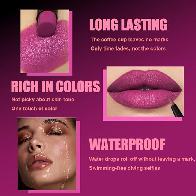 2Pcs 2 in 1 Matte Purple Lip Liner and Lipstick Combo Set for Women,Lipstick Stain Lip Liner for Daily & Party Long Lasting Waterproof Smudge Proof 24 Hour Full Coverage Vegan Lip Makeup Kit