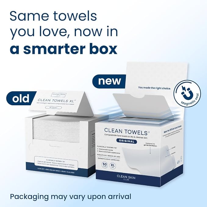 Clean Skin Club Clean Towels XL®, 100% USDA Biobased Face Towel, Disposable Face Towelette, Eczema Association Accepted, Makeup Remover Dry Wipes, Ultra Soft, 50 ct per pack, 2 Packs, 100 Ct Total
