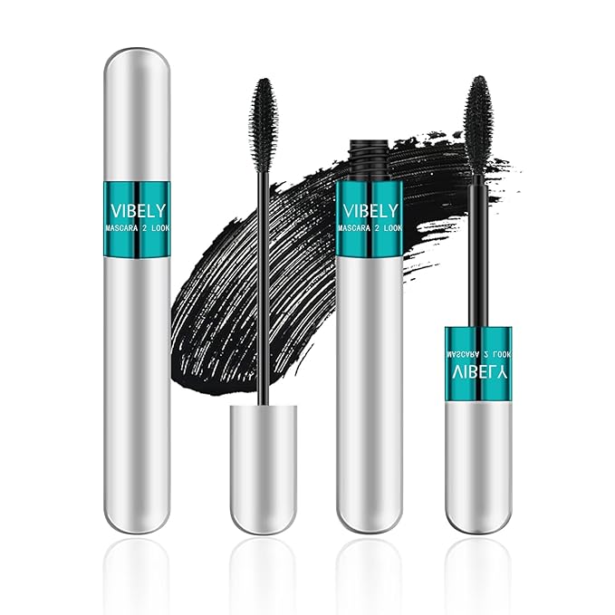 2 in 1 Mascara 5x Longer Waterproof Lash Cosmetics Natural Lengthening and Thickening Effect No Clumping Superstrong Magic 4d Silk Fiber for Vibely Mascara Makeup