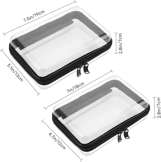 2PCS Zippered Hard Pouch Double,Portable Waterproof Cosmetic Bag with Zipper,Toy Storage Organizer Bins,Hard Plastic Case,Clear Zipper Bags for Organizing,Pencil Case (7.5+7inch)
