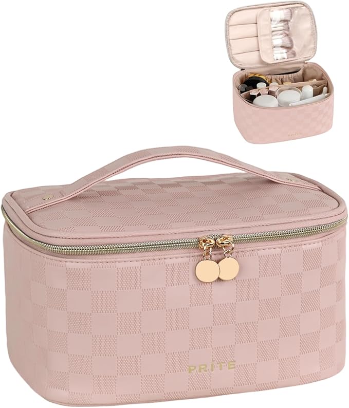 Prite Makeup Bag Portable Cosmetic Organizer with Brush Holder Waterproof Travel Toiletry Bag for Women with Handle and Divider (Checkered Pink)