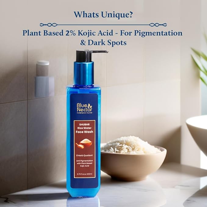 Blue Nectar Rice Water Face Wash with 2% Kojic Acid for Pigmentation | Face Cleanser for Oily, Dry & Sensitive Skin | Face Wash for Women & Men (11 Herbs, 3.4 Fl Oz)