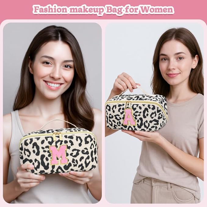 Personalized Travel Makeup Bag Set,Initial Travel Cute Leopard Makeup Organizer Bag,Toiletry Skincare Cosmetic Bag,Christmas Gifts for Women/Girls,Open Flat Toiletry Pouch with Brush Pocket-P